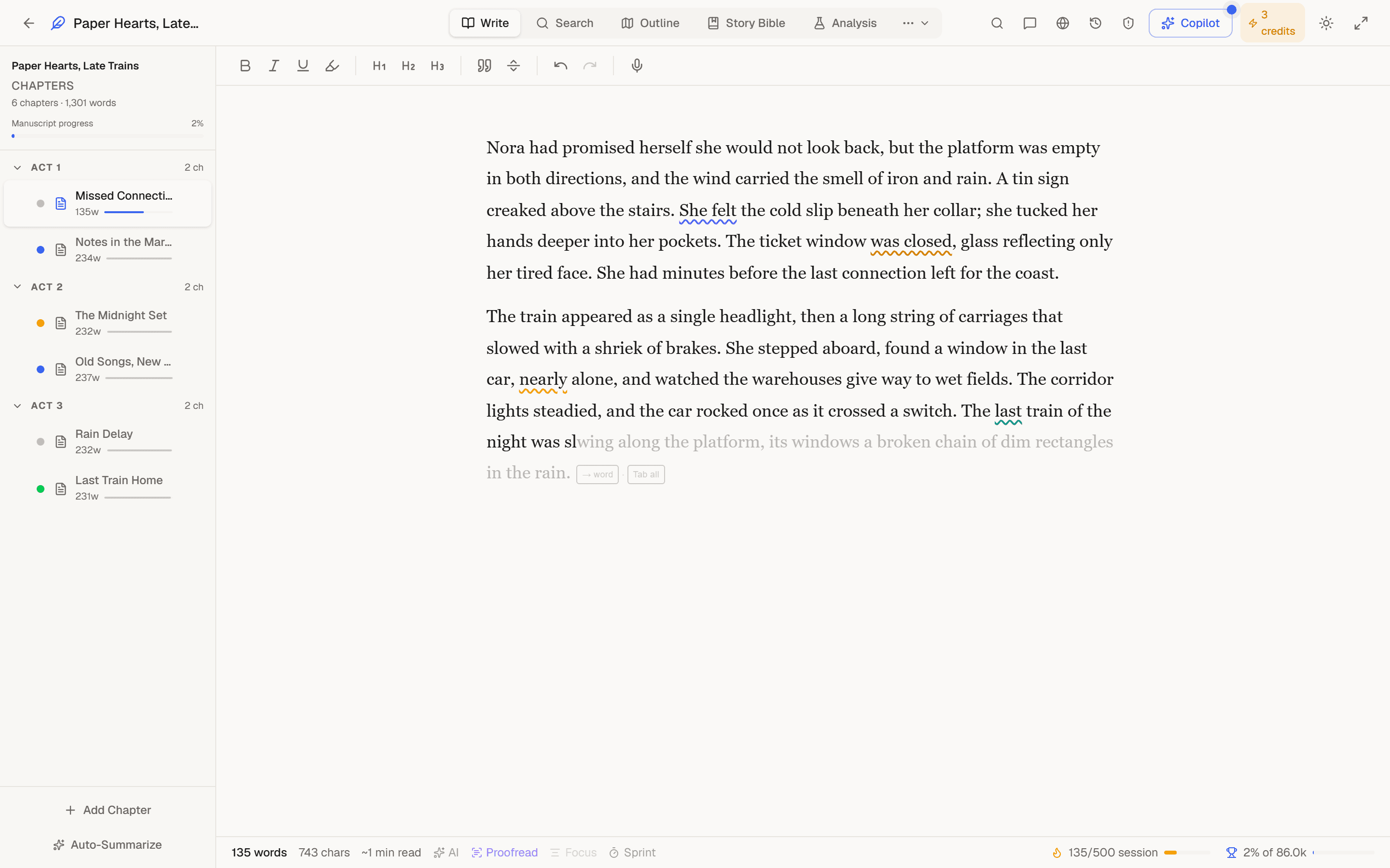 Chapter list and outline panel for navigating a long manuscript