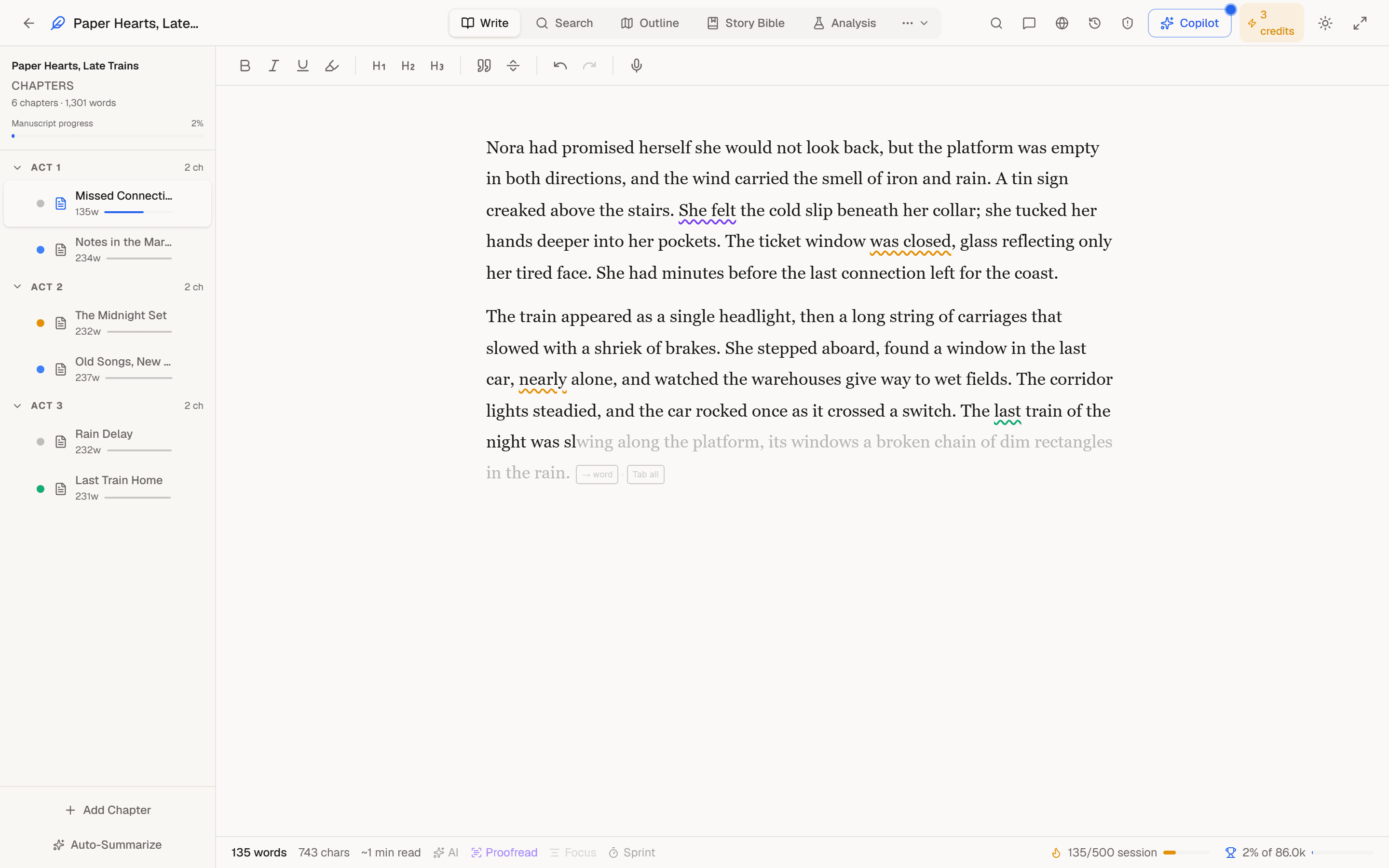 Novel project view with the writing surface and project context