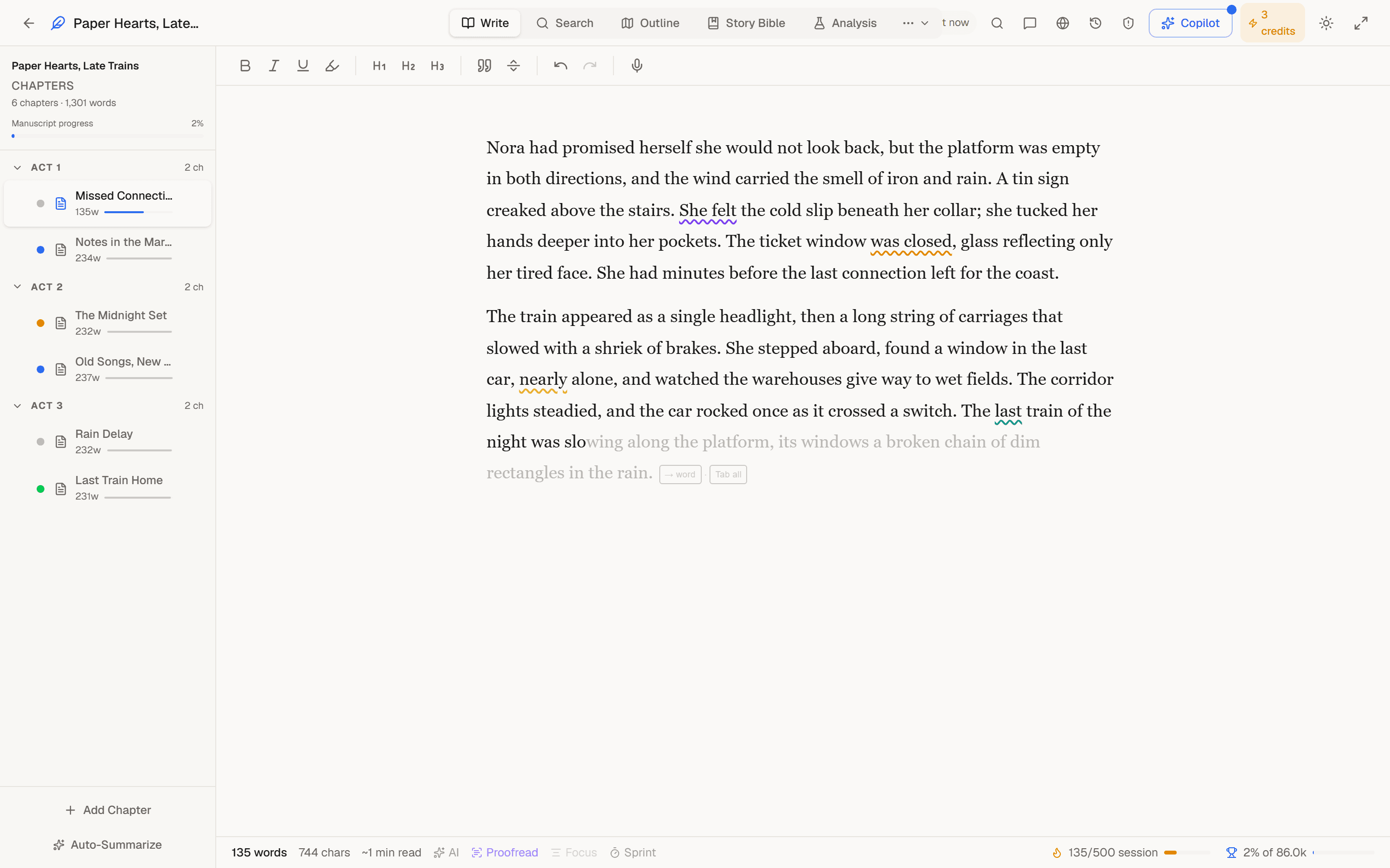 Writing editor with visible word count and progress toward a goal